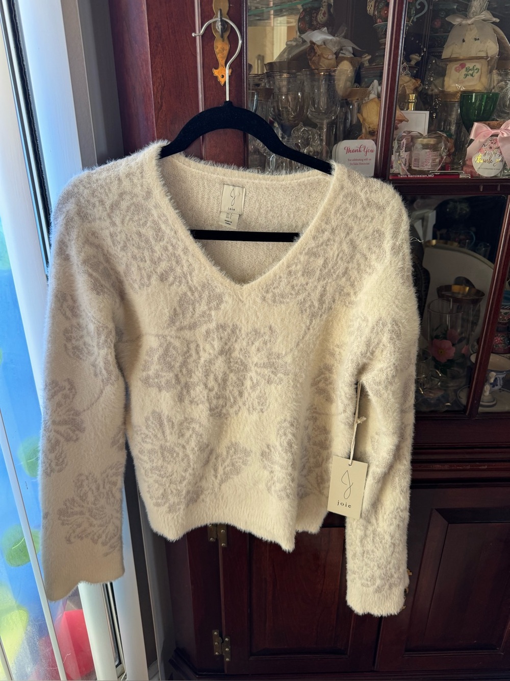 Jolie Cream Floral V-Neck Fuzzy Knit Sweater, NWT